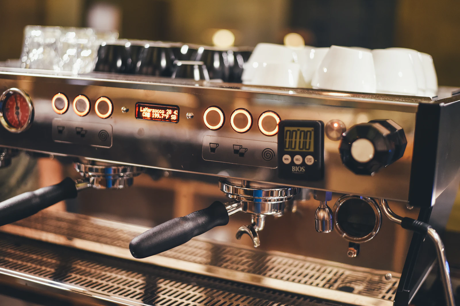 Commercial espresso machine in a café